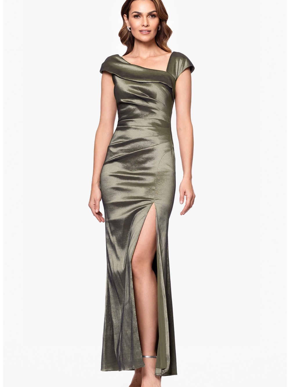 Xscape Olive Green Off-Shoulder Satin Maxi Gown with Thigh Slit